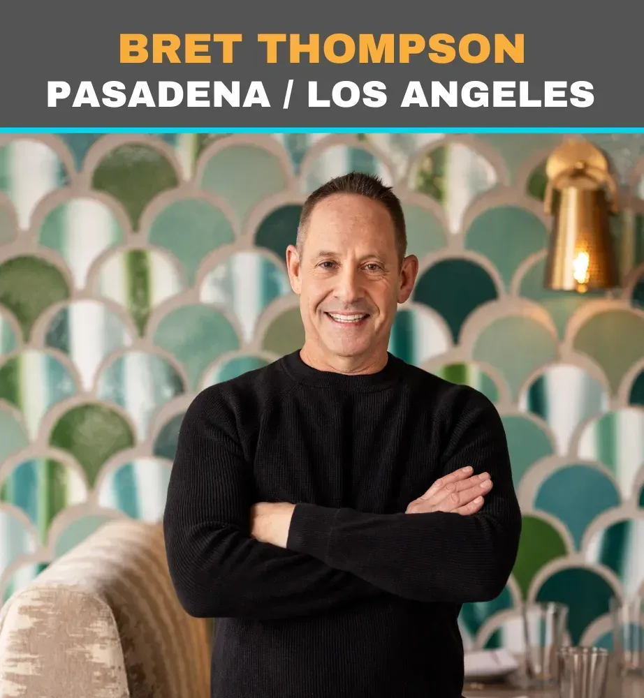 Bret Thompson stands with arms crossed in a black shirt against a patterned teal wall, labeled Pasadena/Los Angeles.
