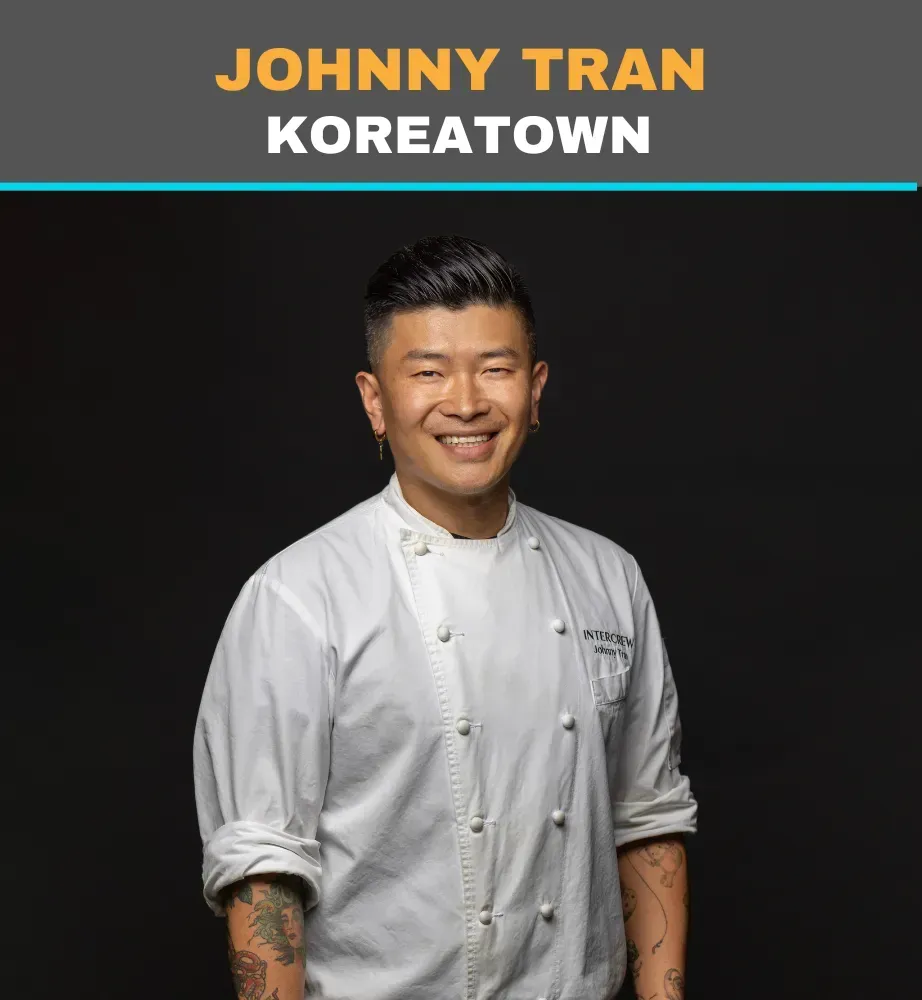 Portrait of chef Johnny Tran in a white jacket, smiling against a dark background with “KOREATOWN” text.