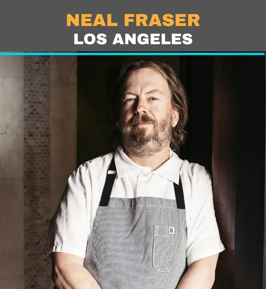 Portrait of Neal Fraser in a white chef coat and apron, labeled “Los Angeles” against a dark background