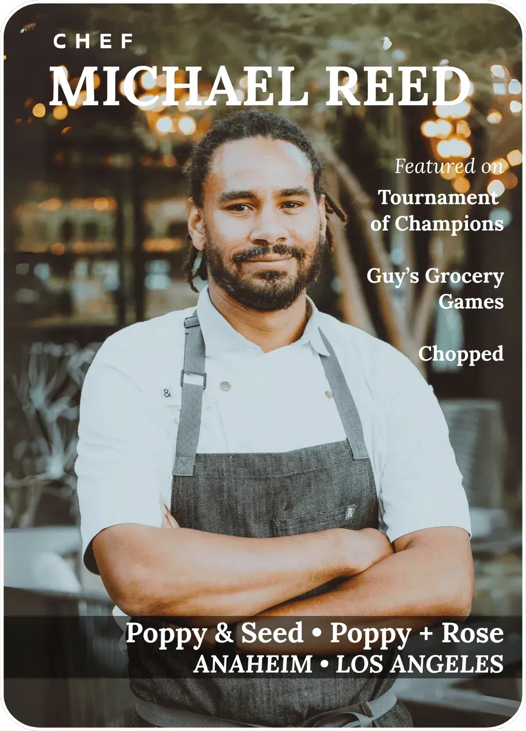 Chef Michael Reed standing with arms crossed in a kitchen setting, with text about food shows and restaurants.
