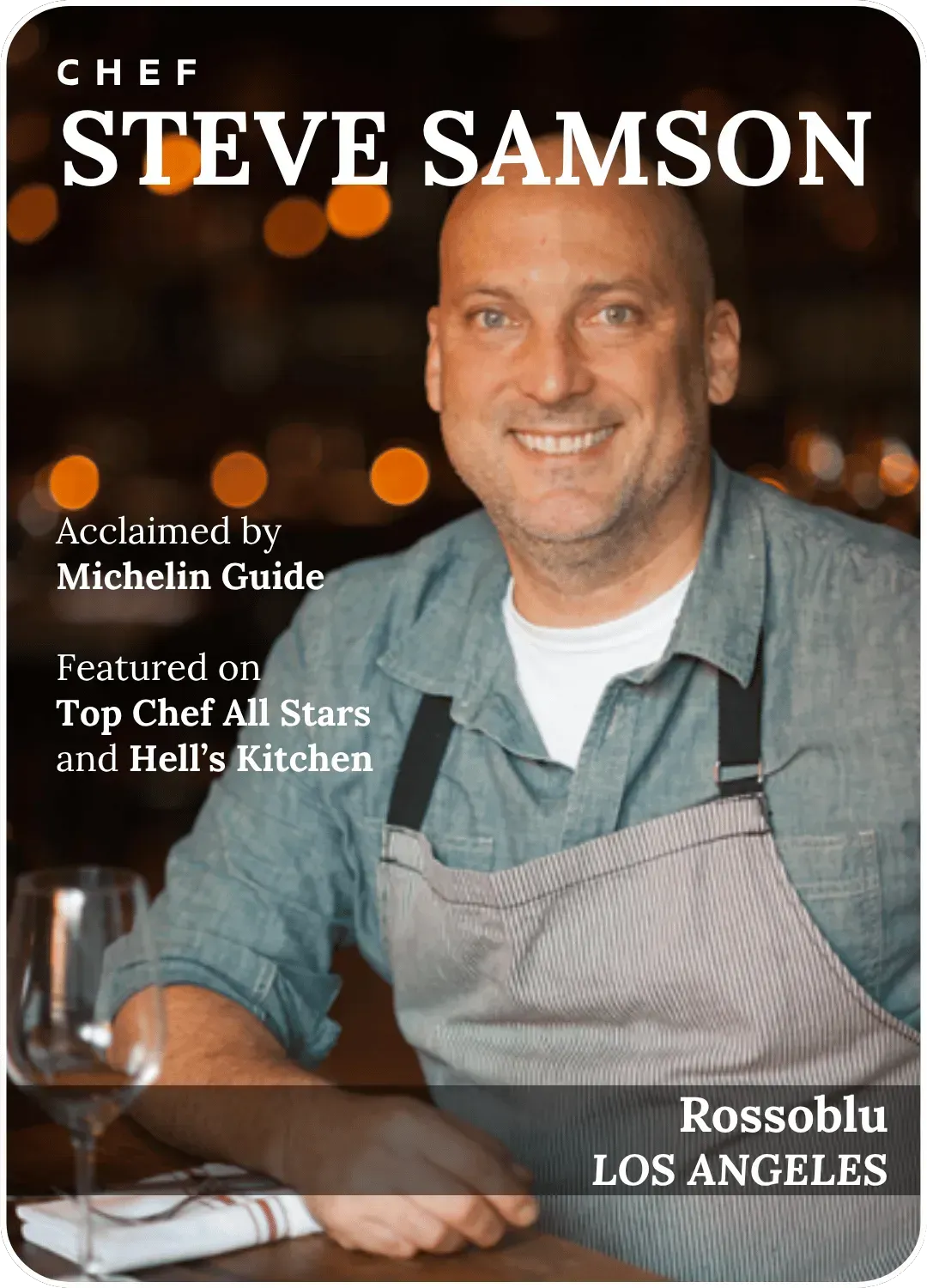 Chef Steve Samson smiling in a gray apron, with restaurant text and warm bokeh lights in the background