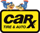 CarX Tire & Auto logo with two cartoon birds. Yellow background, black text.