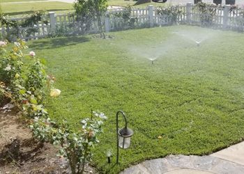 A sprinkler is spraying water on a lush green lawn.