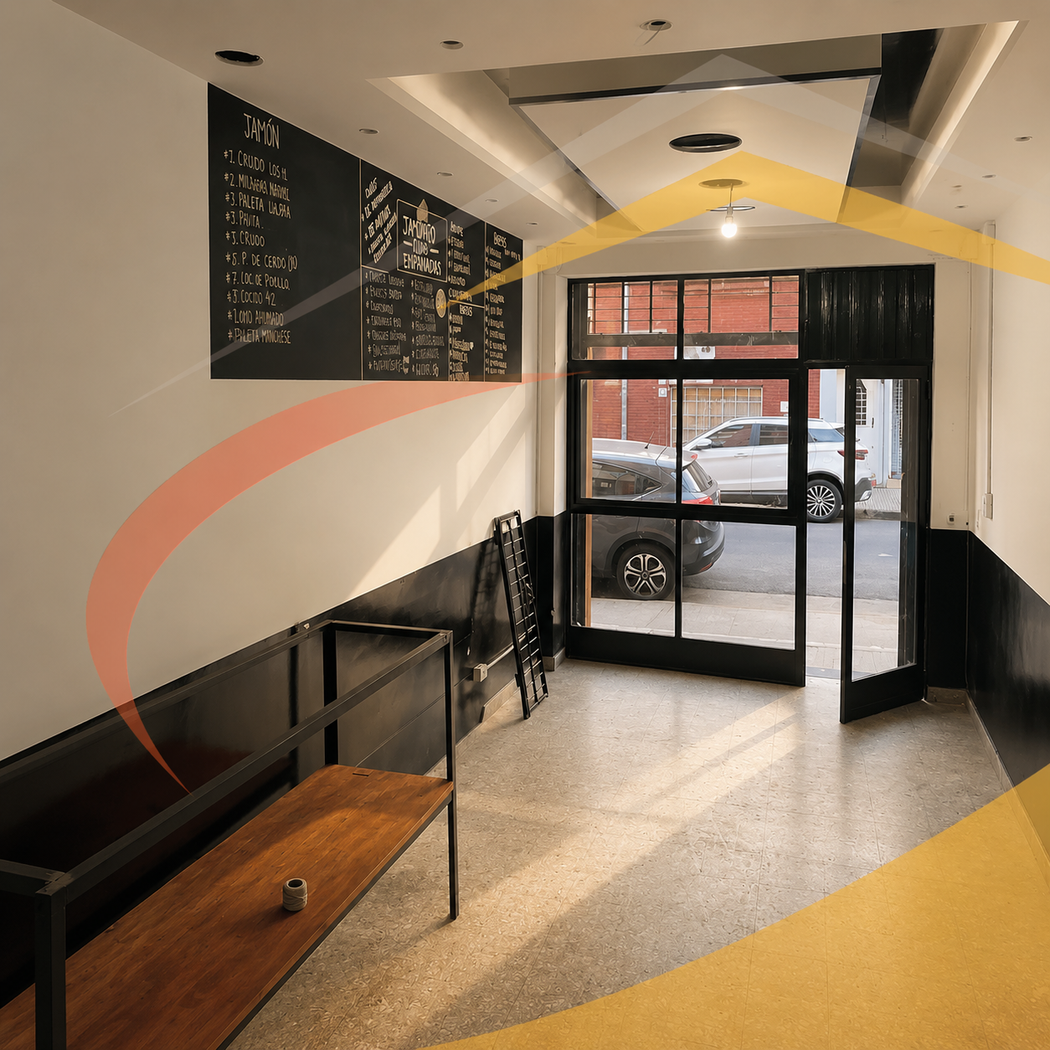 Vestíbulo moderno y luminoso con entrada de cristal, banco, barandilla negra y detalles geométricos amarillos en la pared.