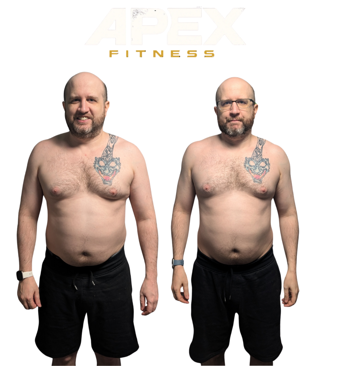Before and after photos of a man in black shorts, showcasing weight loss, smiling, and shirtless.