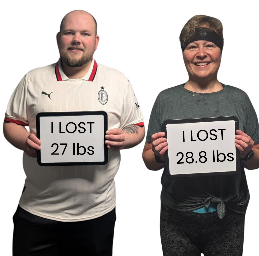 Man and woman holding signs showing weight loss: 23.5 lbs and 23.1 lbs. Both smile, pose in front of a white background.