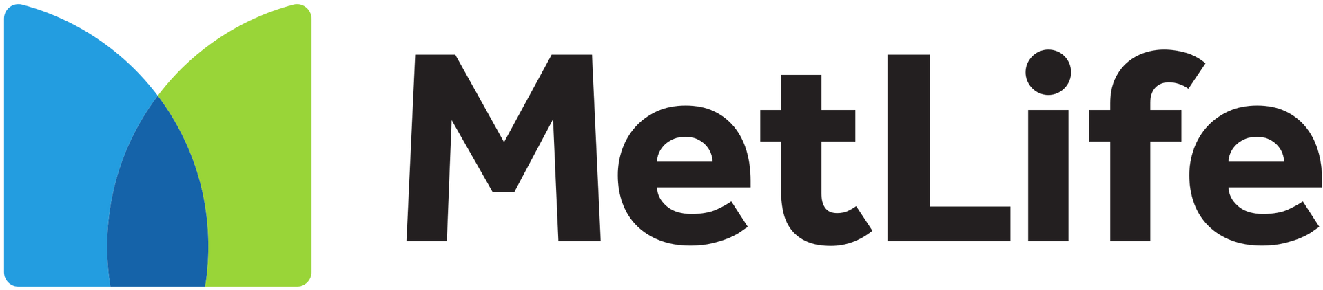 A metlife logo with a blue and green m on a white background.