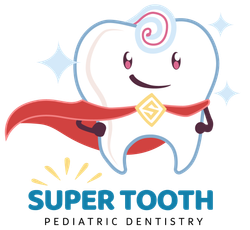 The logo for super tooth pediatric dentistry shows a tooth wearing a cape.