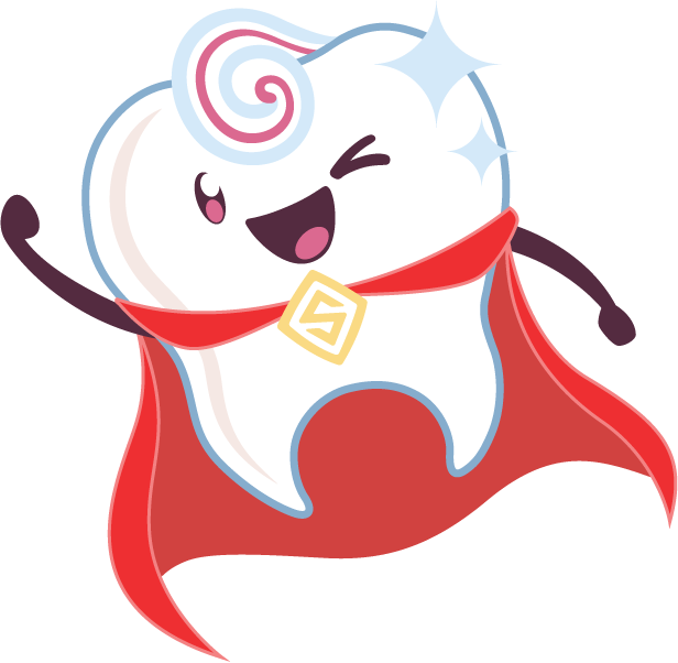 A cartoon tooth is wearing a red cape