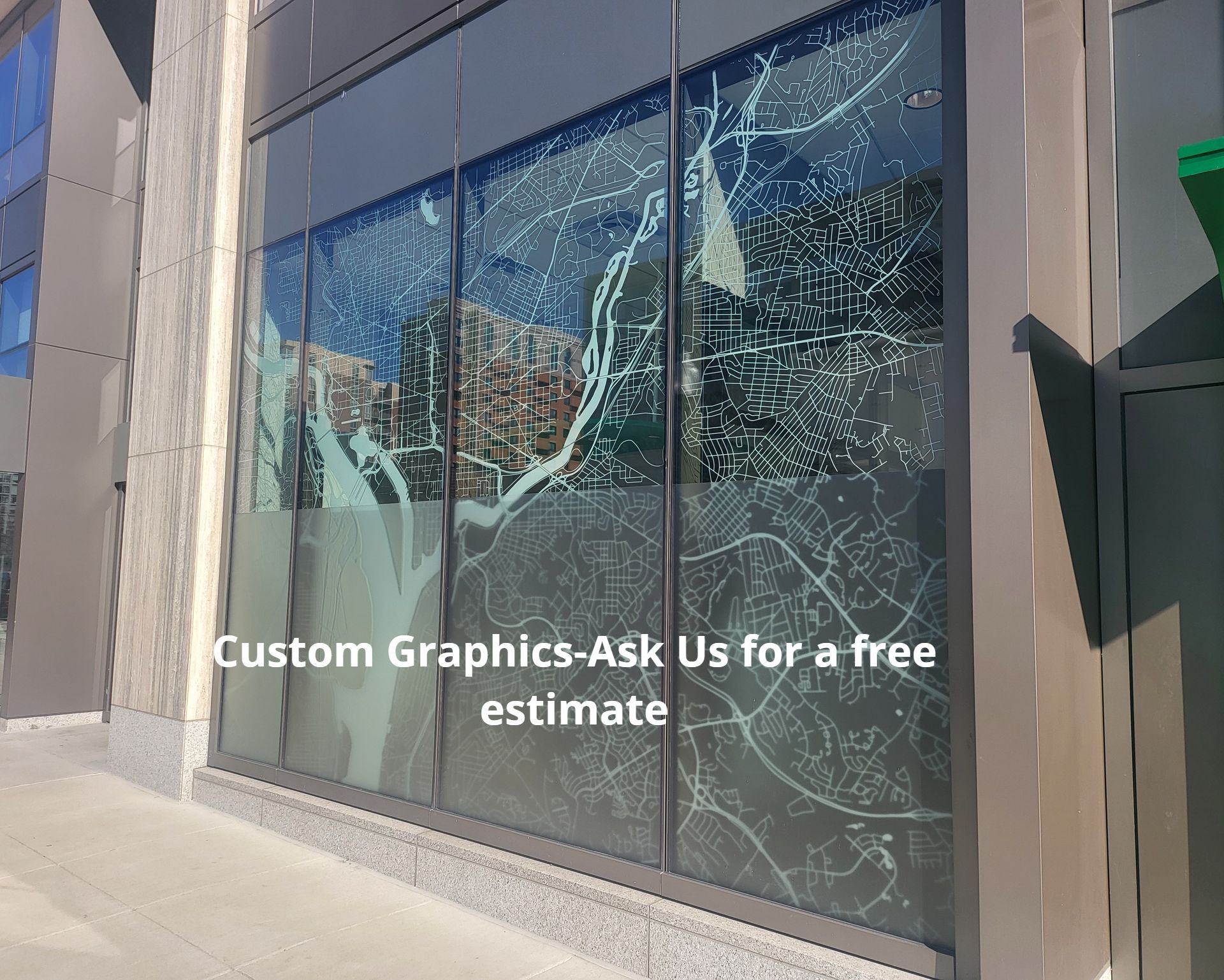 A building with a large window with a drawing on it