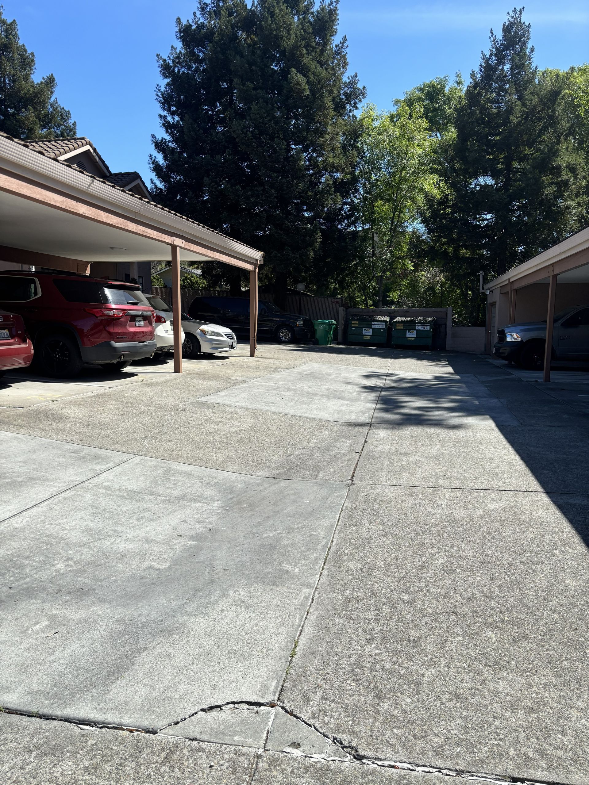 An outdoor apartment parking area with covered carports, concrete pavement, and surrounding trees on a sunny day.