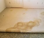 A dirty carpet is sitting on the floor in a room.