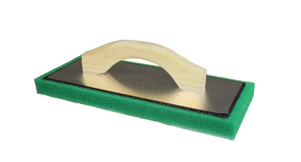 A green sponge with a wooden handle on a white background