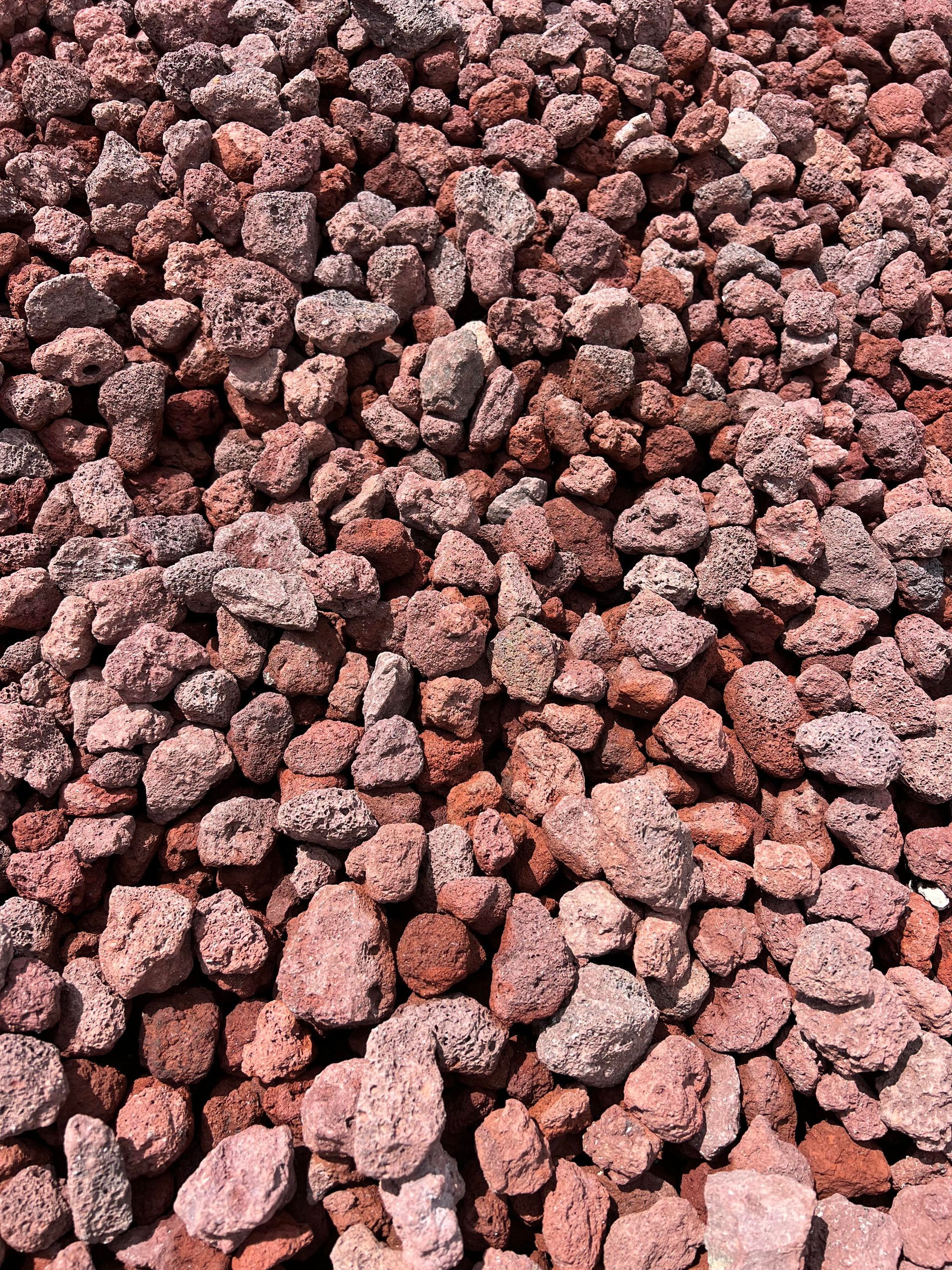 A pile of red rocks is sitting on the ground.