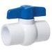 A white ball valve with a blue handle on a white background.