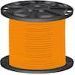 A spool of orange wire with a black lid on a white background.