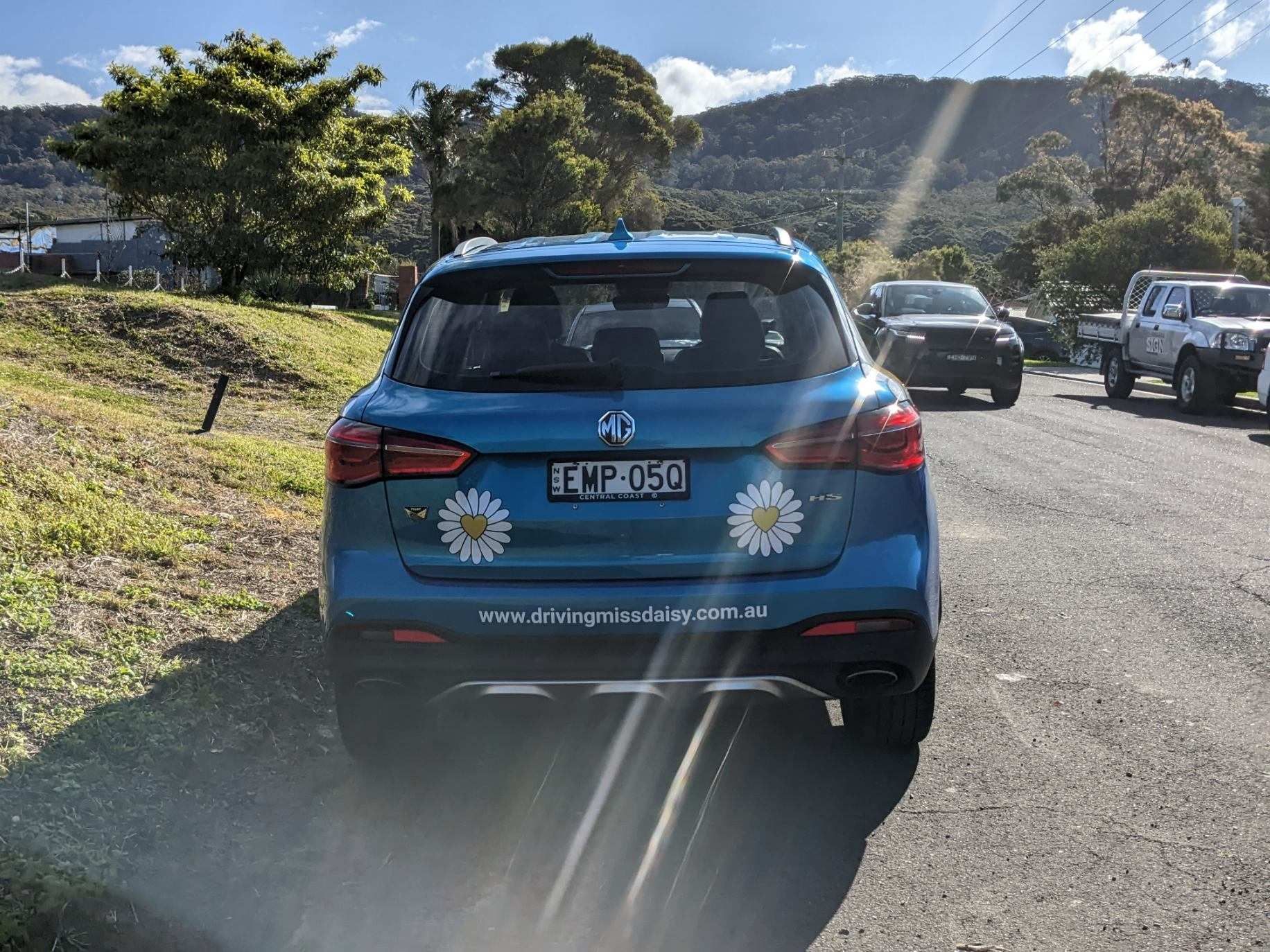 A Blue Car with Daisies on The Back Is Parked on The Side of The Road — Illawarra Sign Group in Bulli, NSW