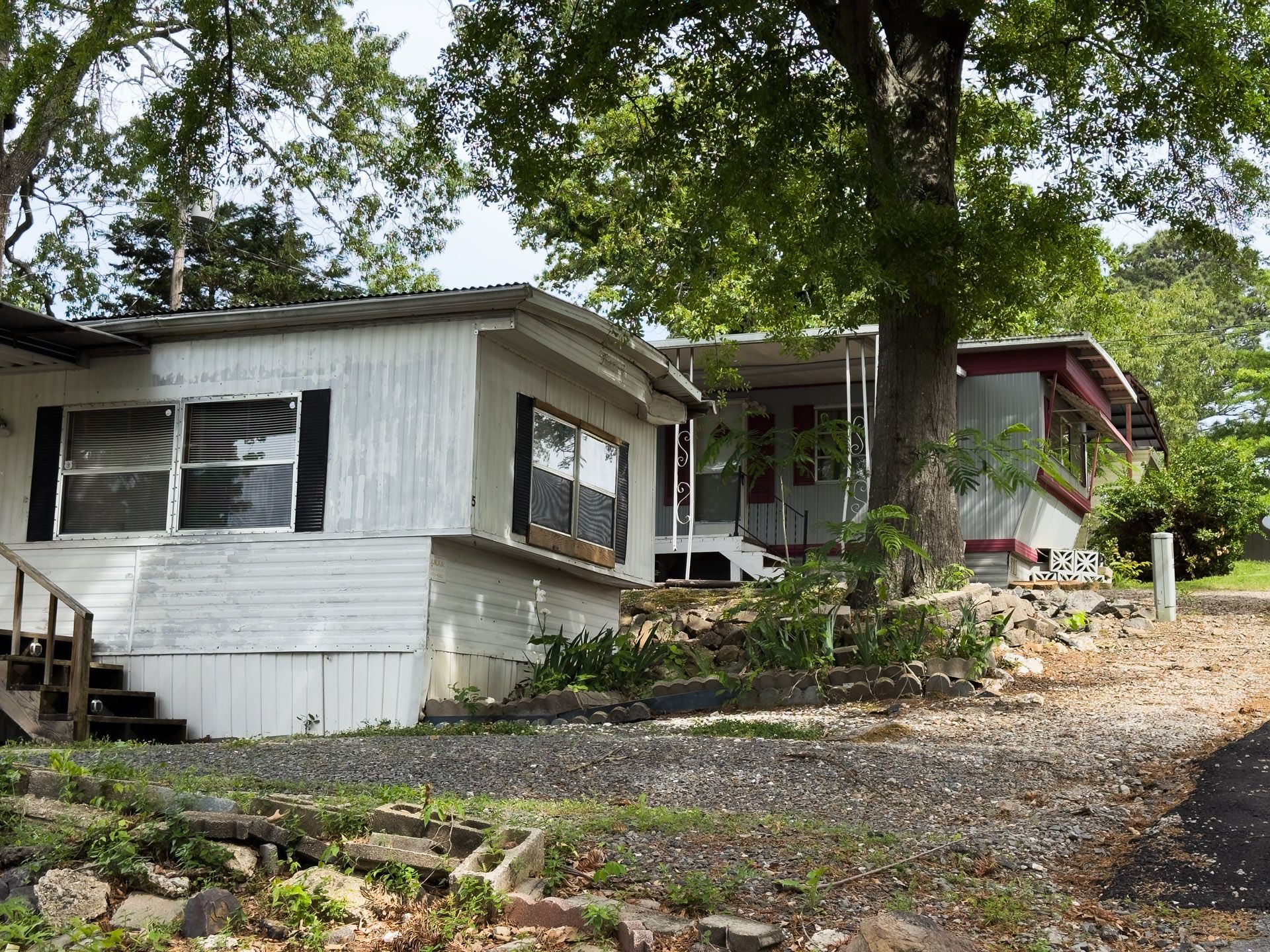 Two weathered hillside houses with trees overhead and a gravel driveway.