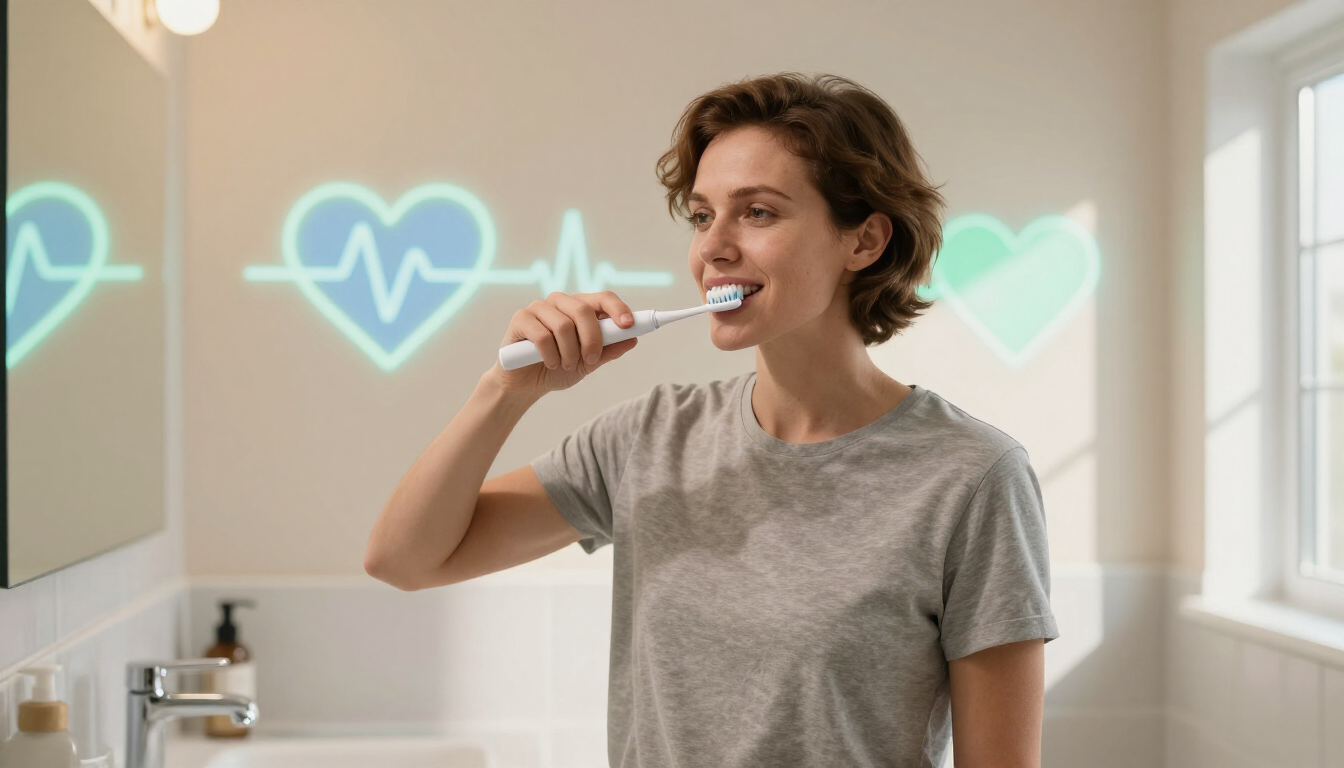 A person in a bathroom brushing their teeth with an electric toothbrush, with stylized heart icons floating in the air.