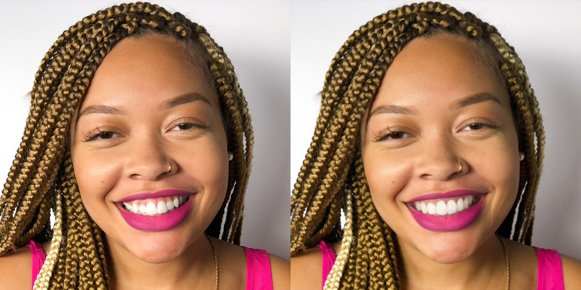 A woman with braids is smiling and wearing a pink tank top.