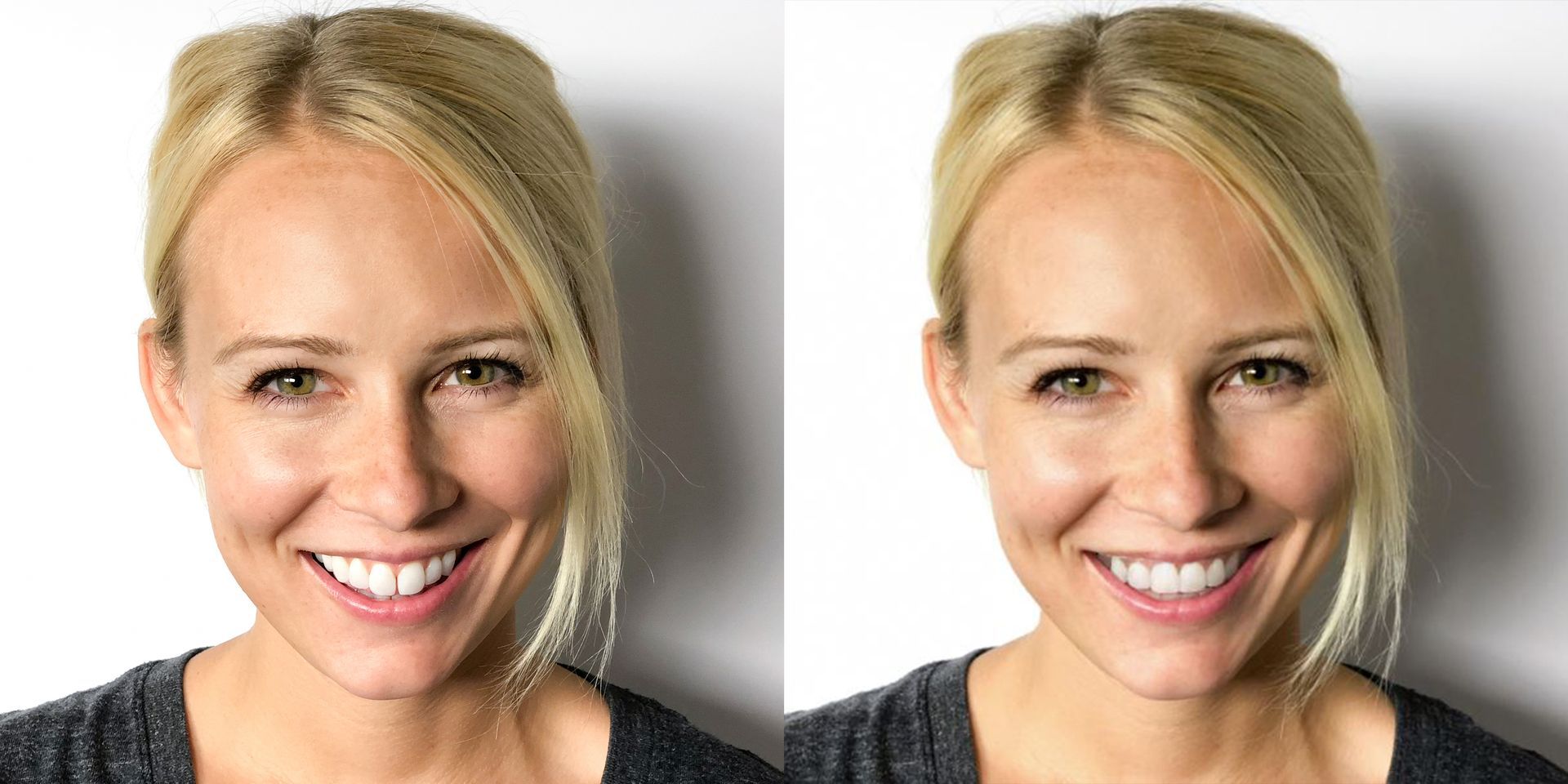 A woman is smiling in a before and after photo.