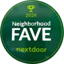 A green circle with the words neighborhood fave nextdoor on it.