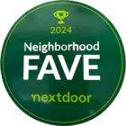 A green circle with the words neighborhood fave nextdoor on it.