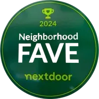 A green circle with the words neighborhood fave nextdoor on it.