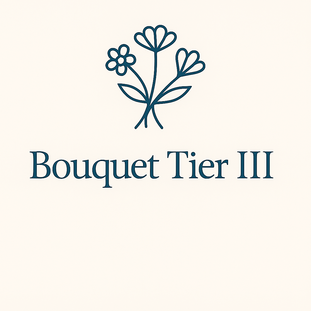 A logo for a flower shop called bouquet tier iii.