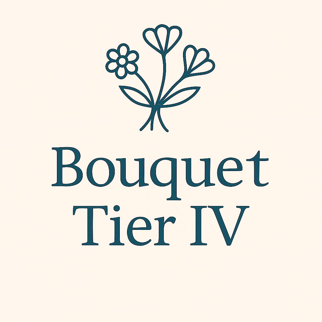 A logo for a flower shop called bouquet tier iv.