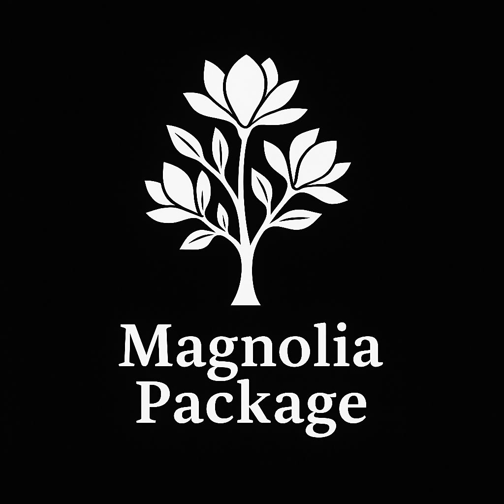 A white logo with a tree and flowers on a black background for magnolia package.