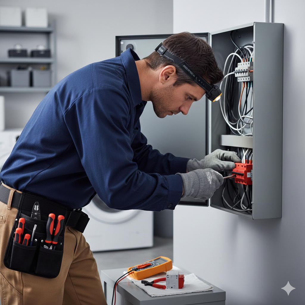 Electrician working on a circuit panel, using tools and wearing a headlamp.