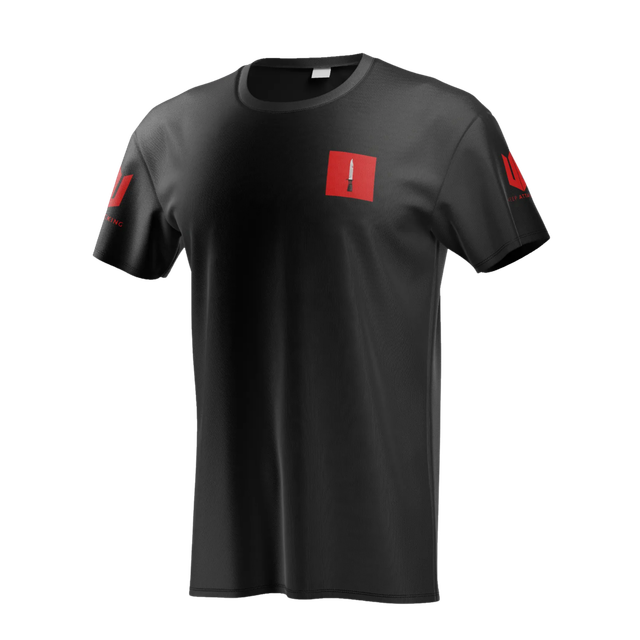 A black t-shirt with a red square on the front