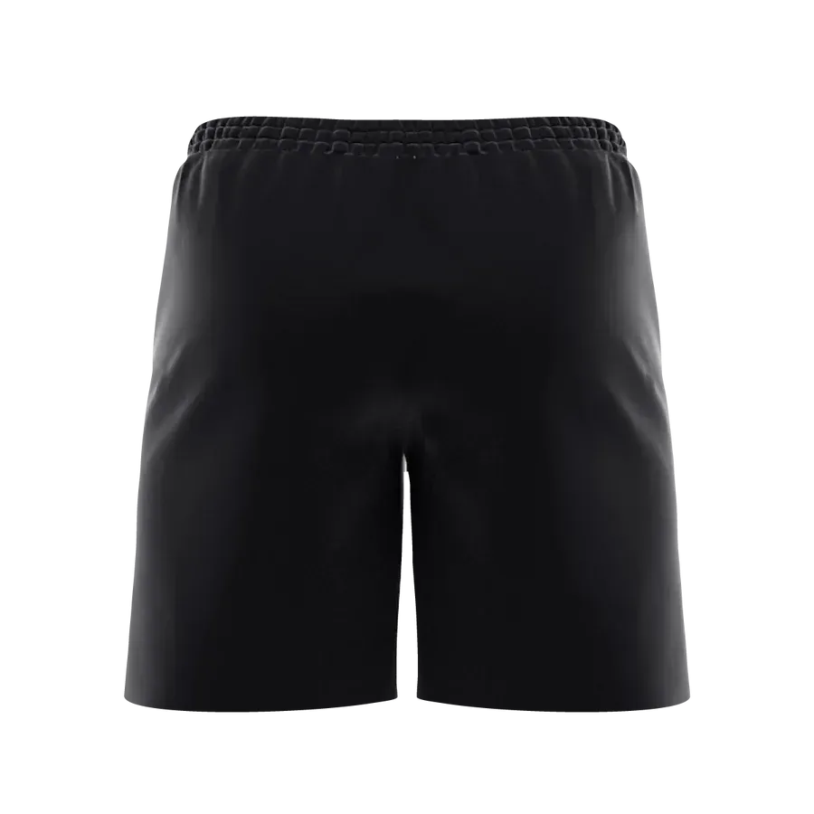 A pair of black shorts with a white logo on the side