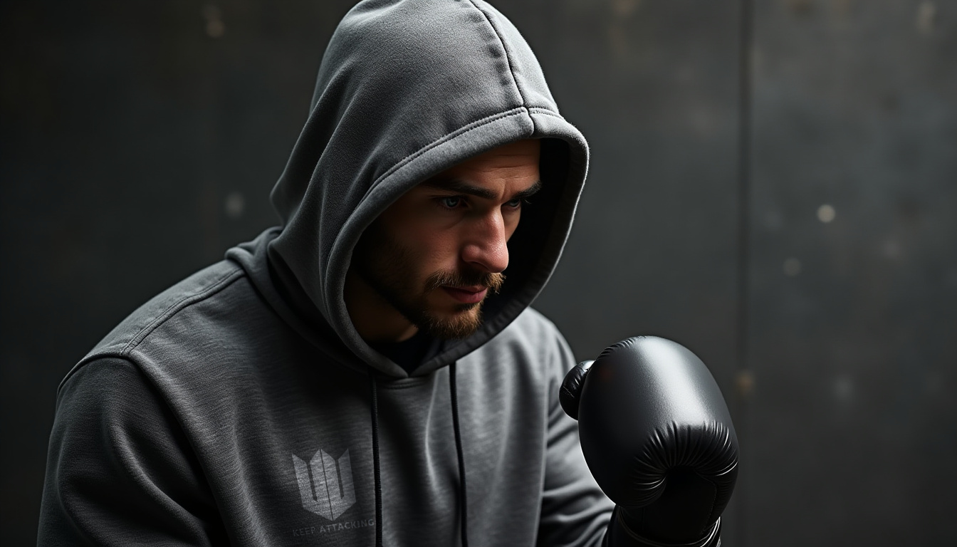 A man wearing a hoodie and boxing gloves.