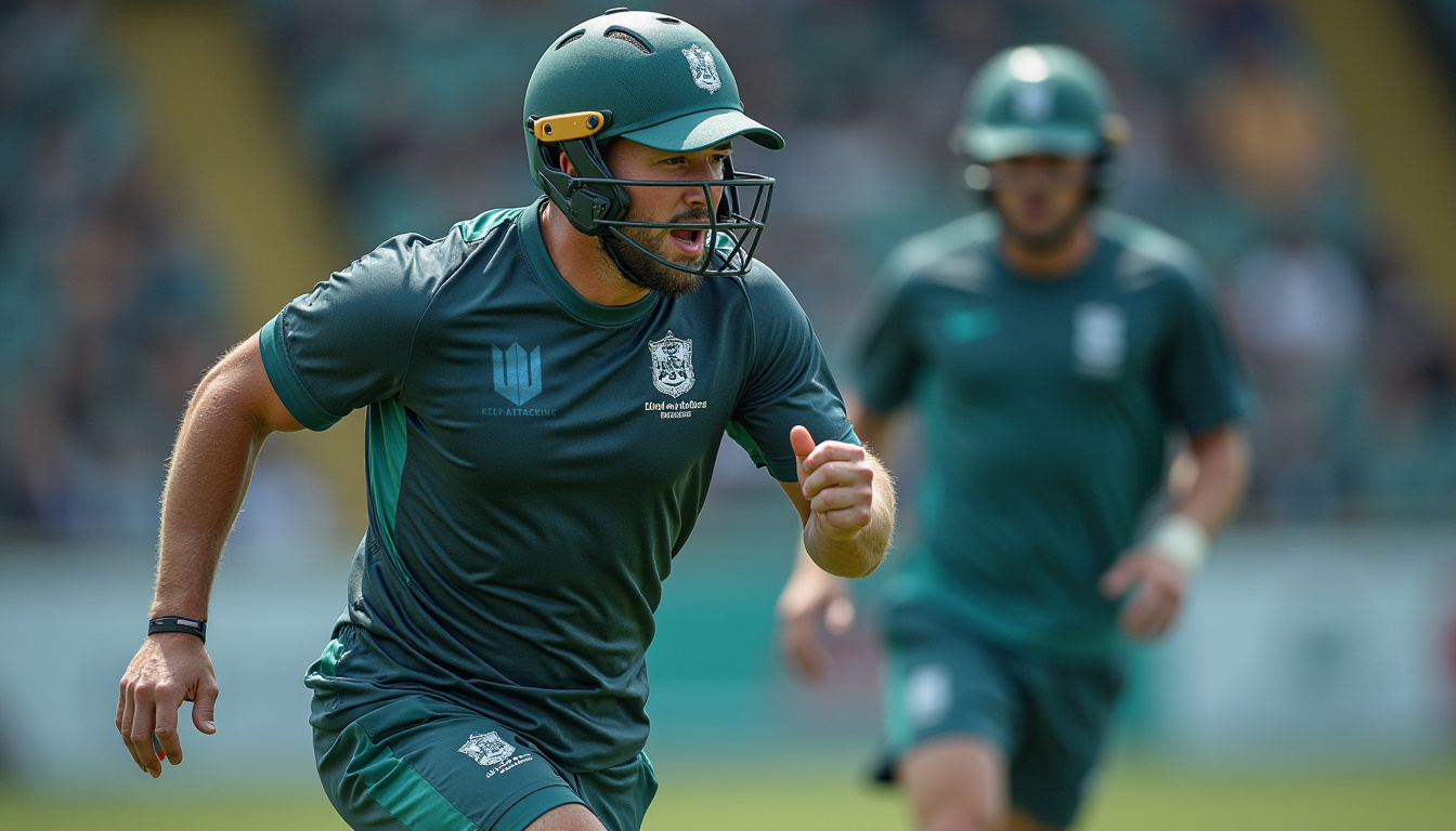 A cricket player wearing a helmet is running on a field.