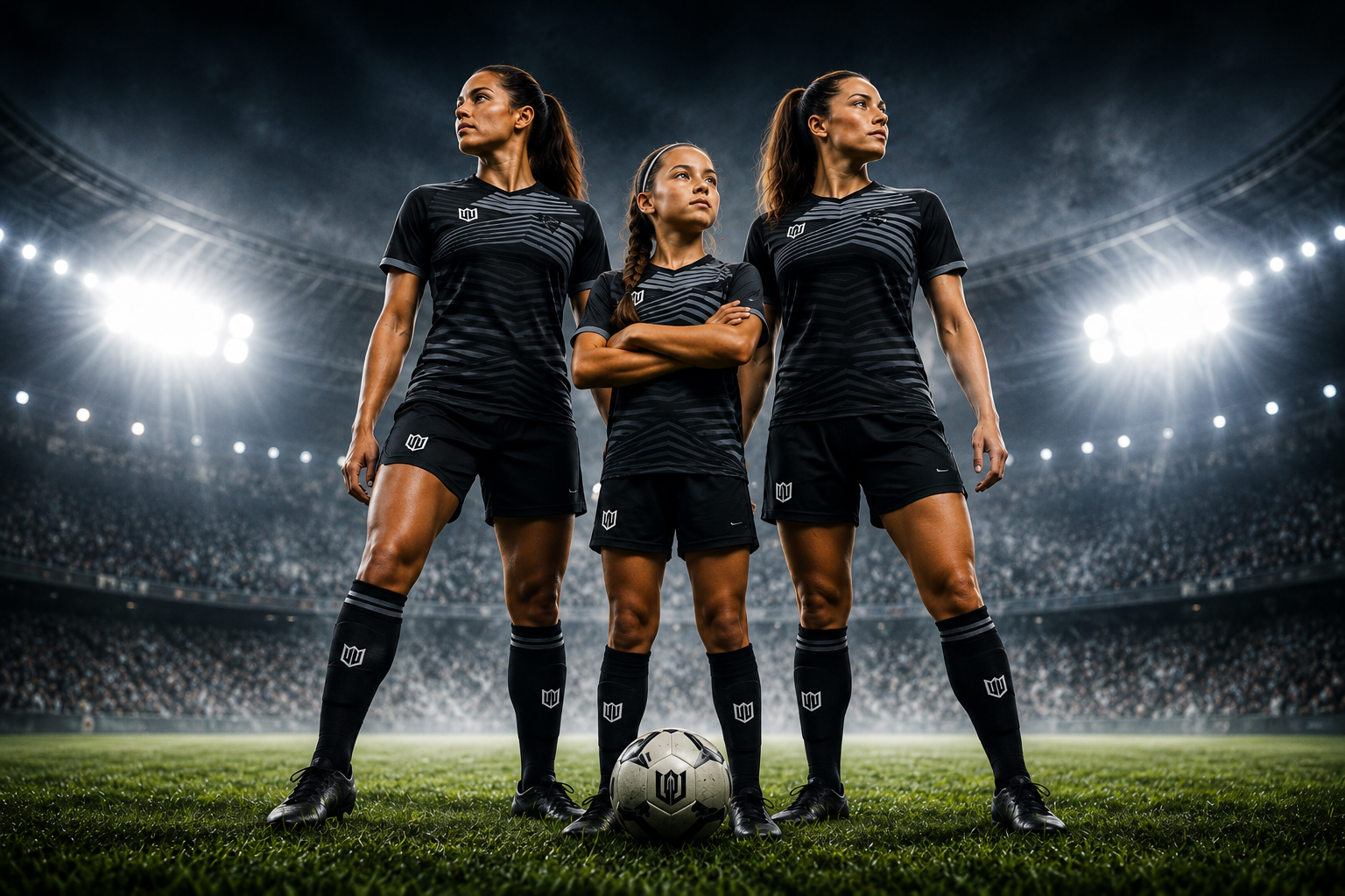 A group of young women are standing next to each other on a soccer field.