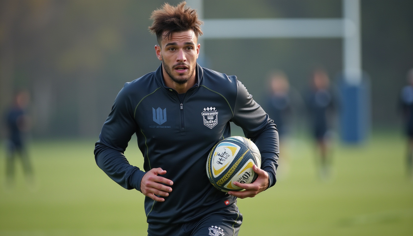 A man is running with a rugby ball on a field.