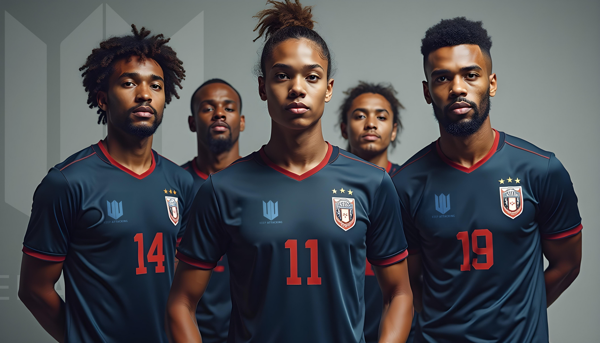 A group of men are standing next to each other wearing soccer jerseys.