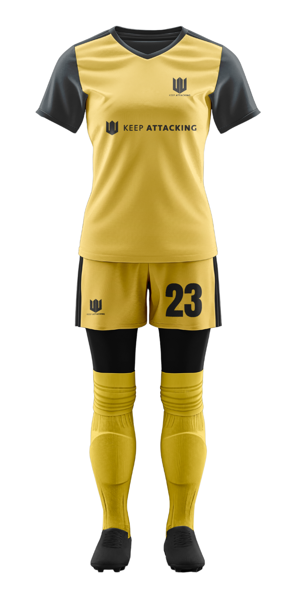 A yellow and black soccer uniform with the number 23 on it.