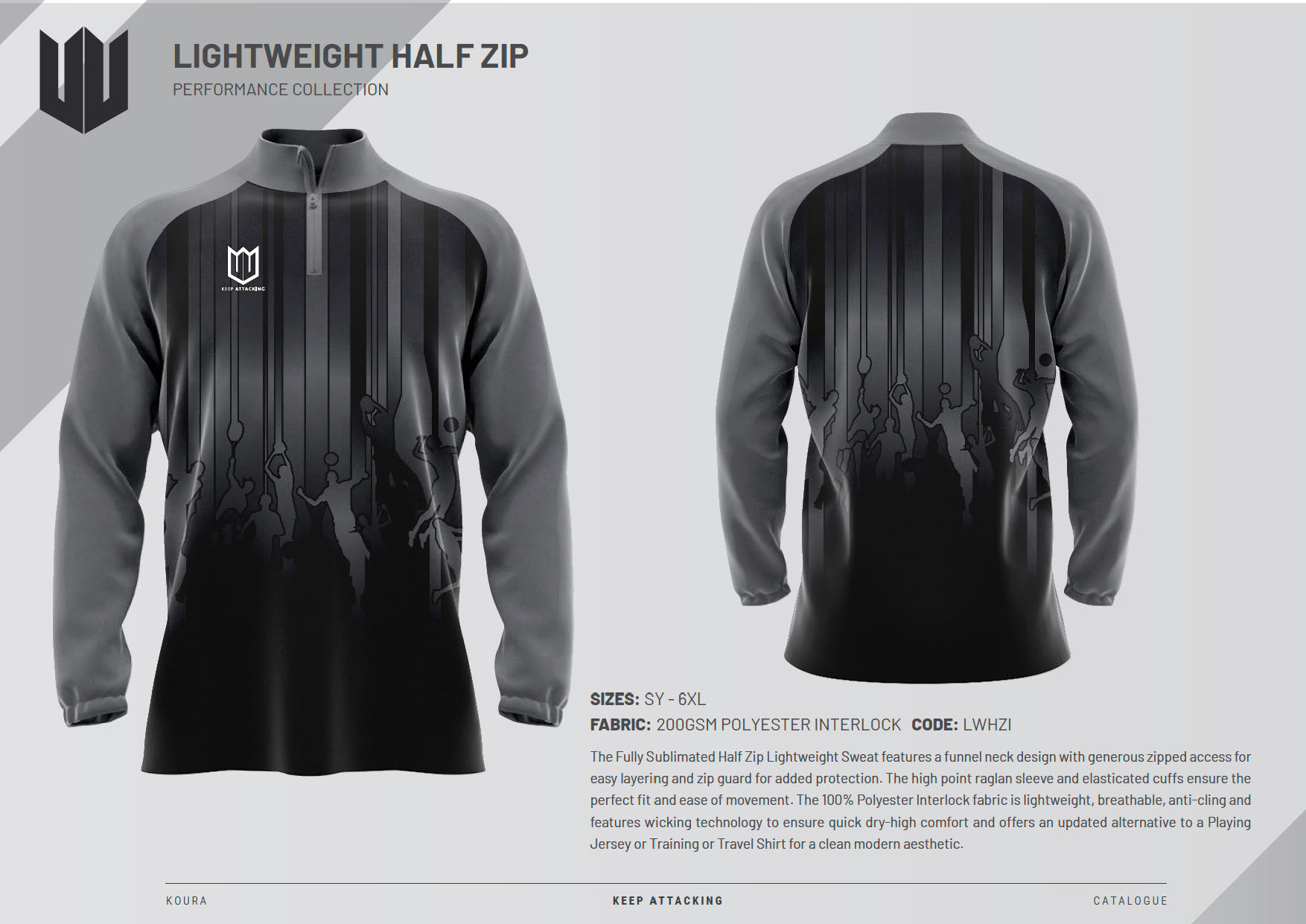 A gray and black jacket with a half zip on the front and back.