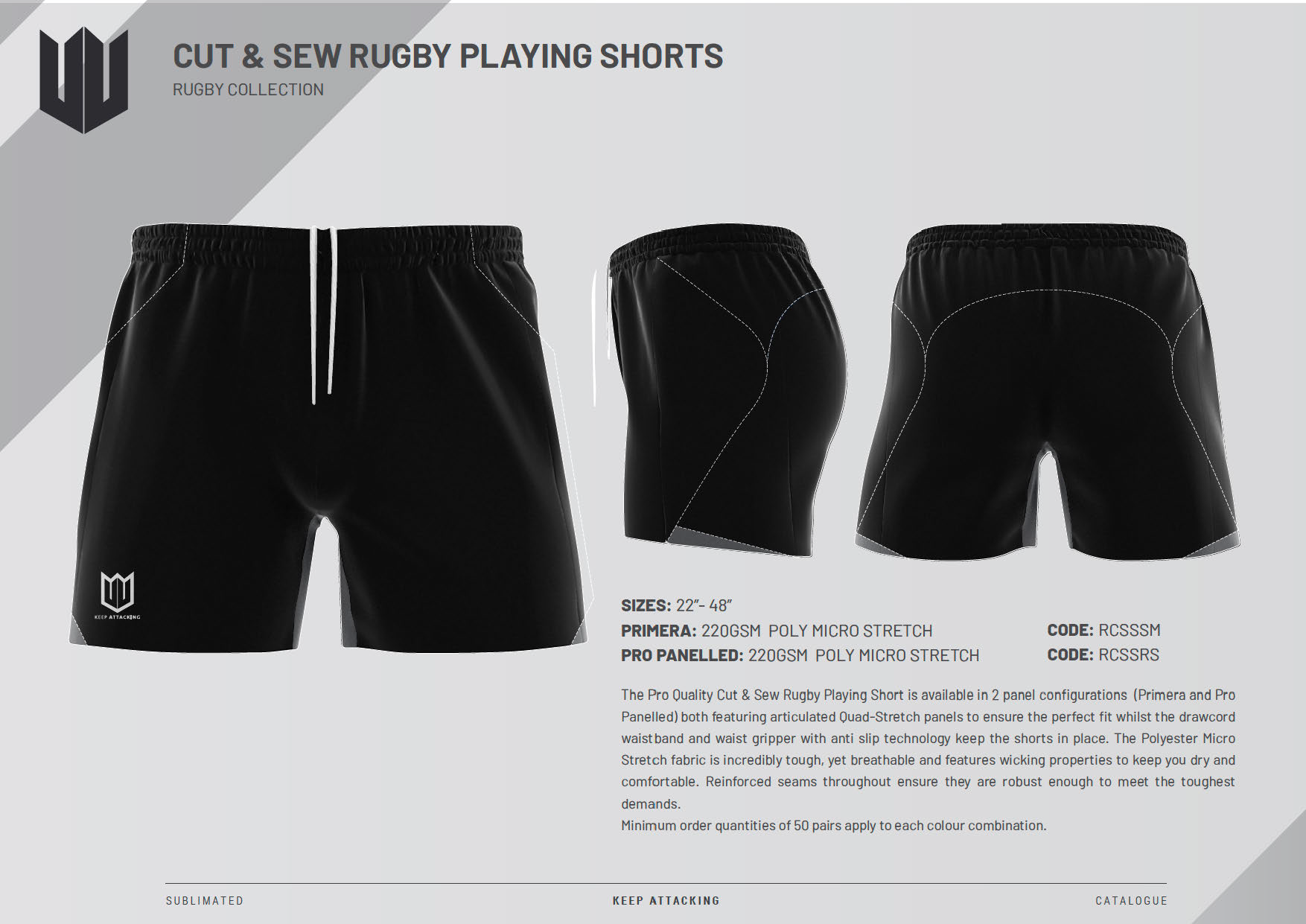 A pair of black rugby playing shorts on a white background