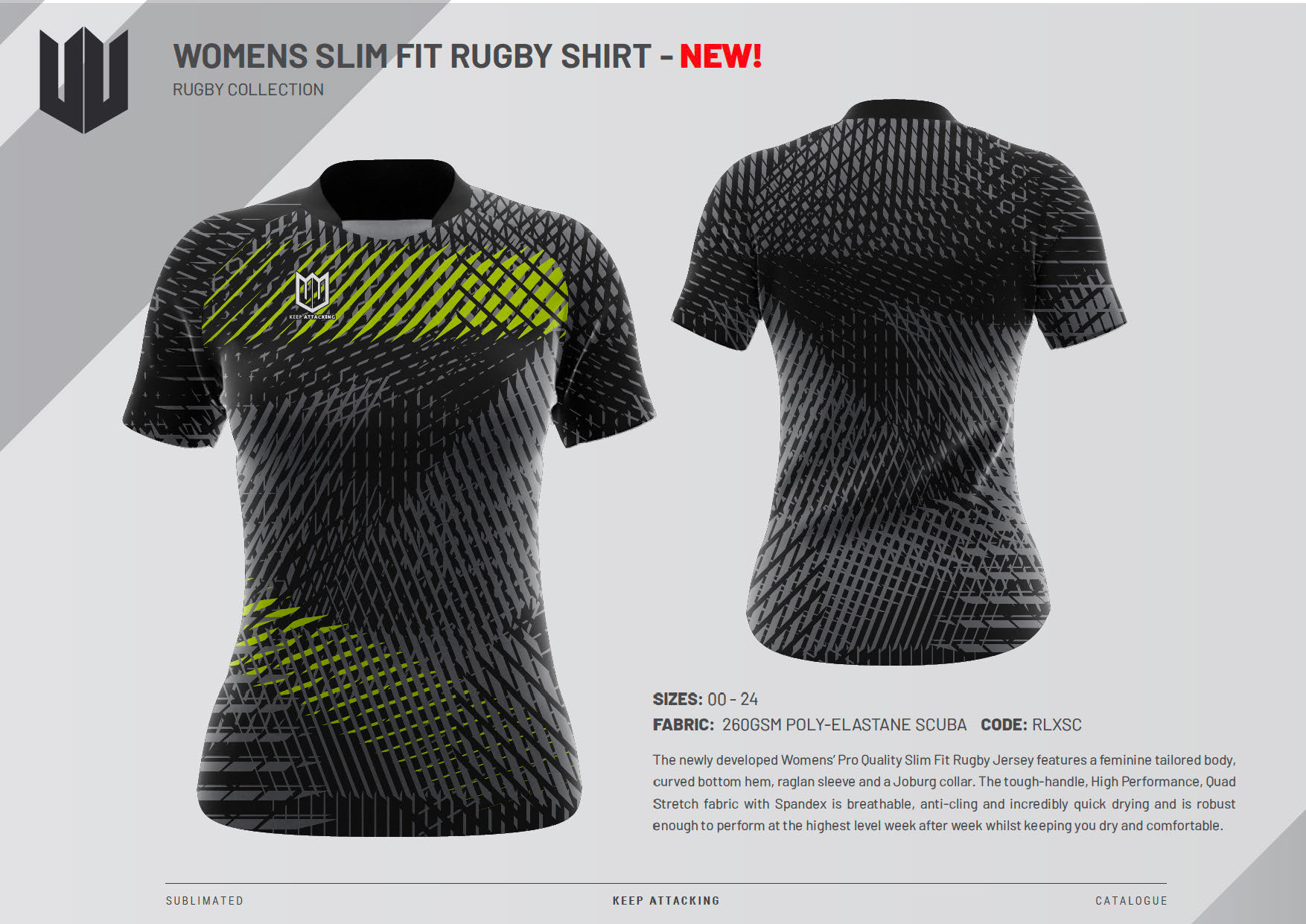 A women 's slim fit rugby shirt with a yellow stripe on the chest