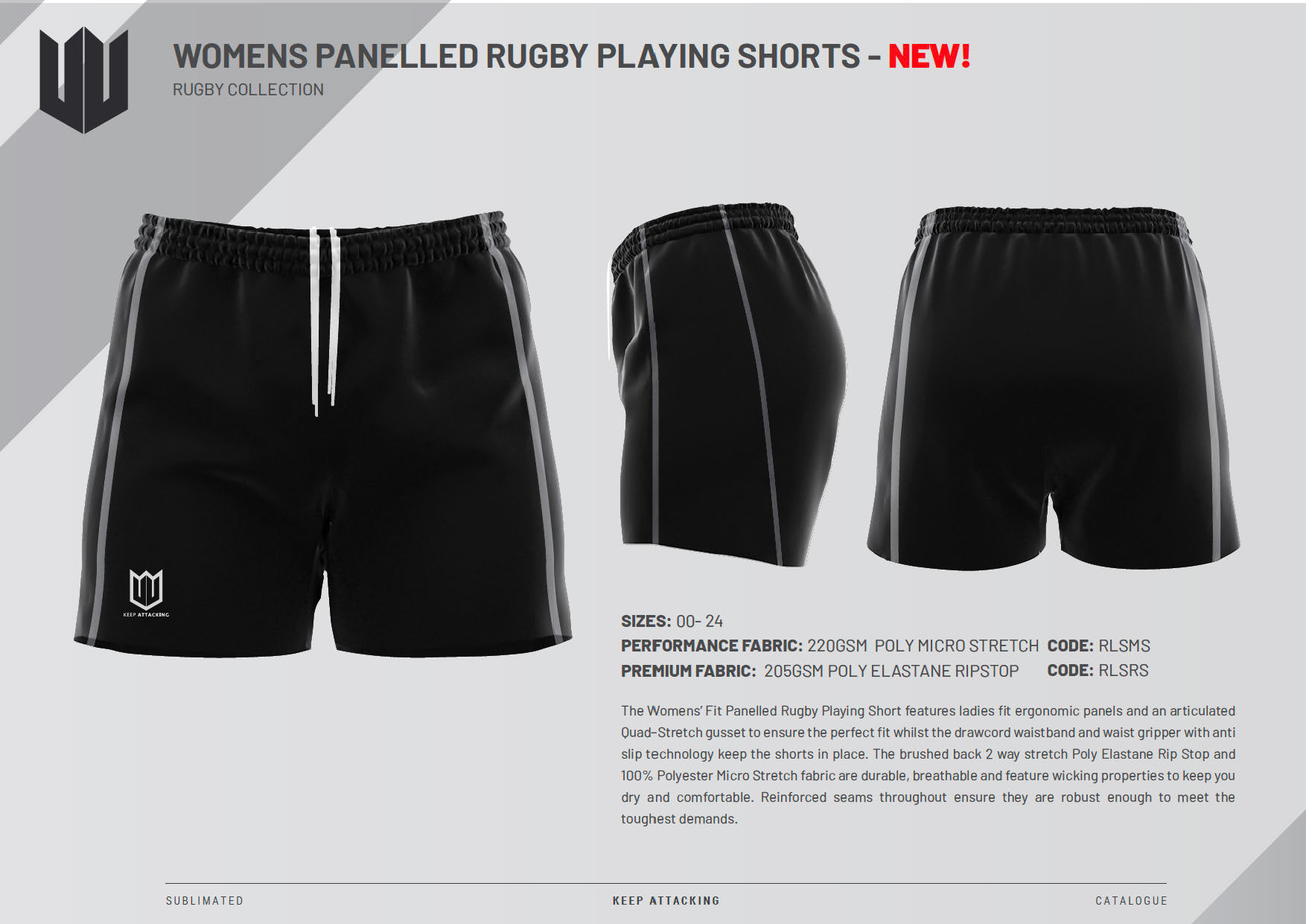 A flyer for women 's panelled rugby playing shorts