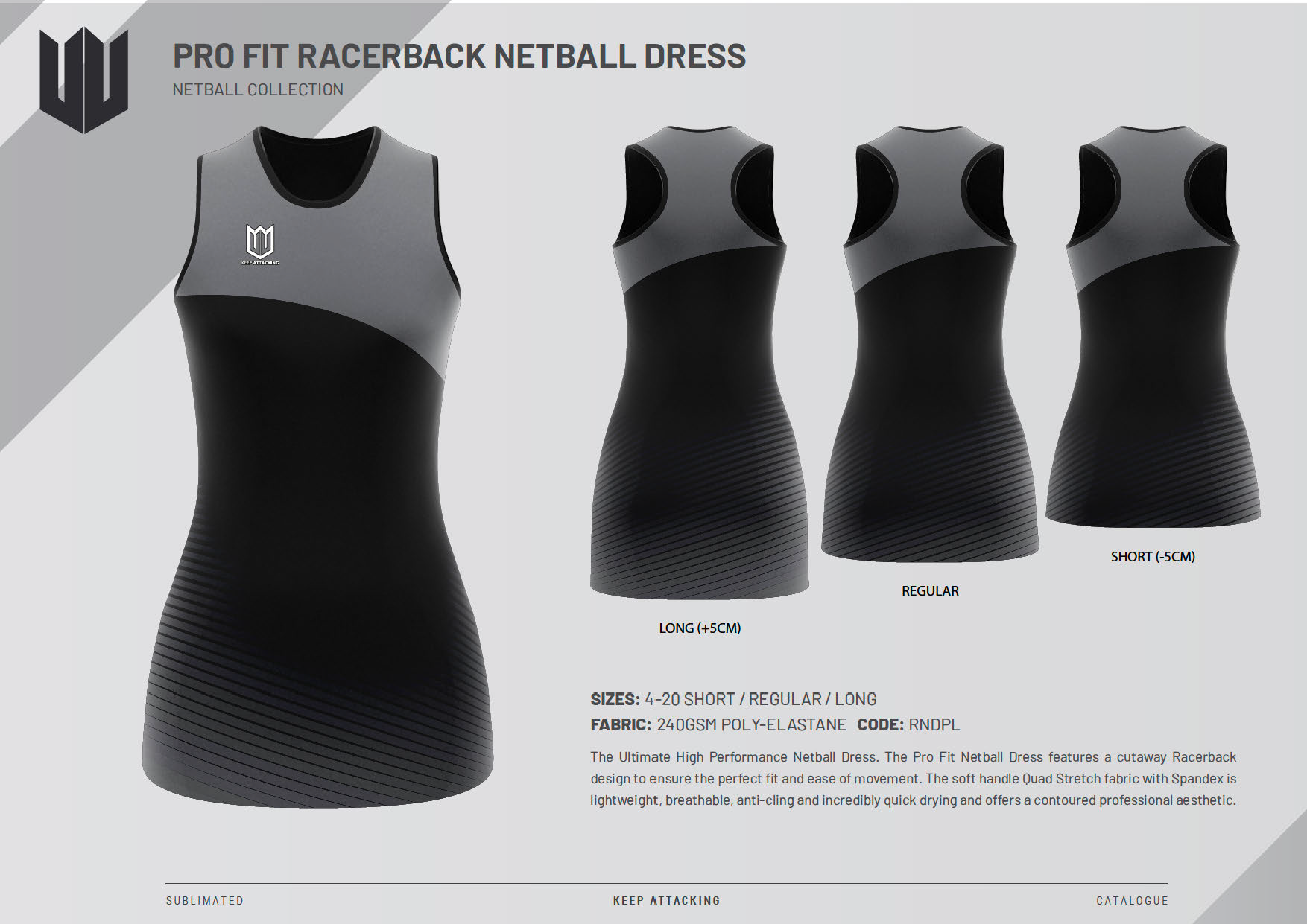 A black and grey netball dress with a logo on the front