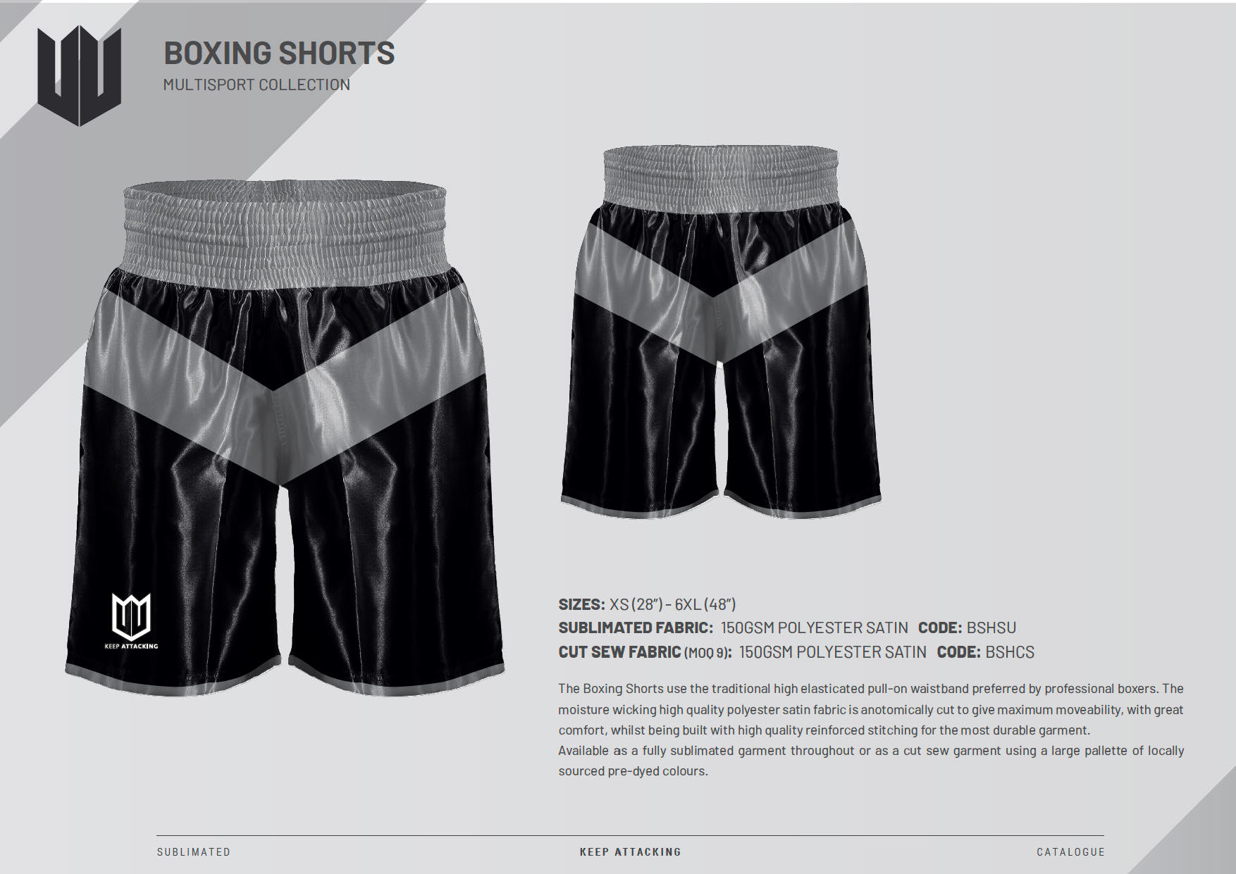 A pair of black and gray boxing shorts on a white background.