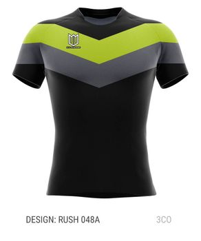 A black t-shirt with a yellow and gray stripe on the front