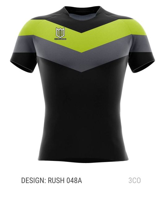 A black t-shirt with a yellow and gray stripe on the front