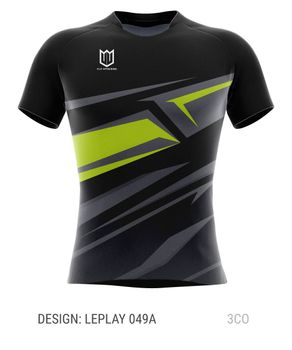 A black t-shirt with a yellow stripe on the front