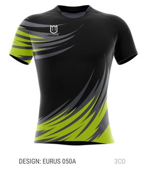A black t-shirt with a green and gray design on it